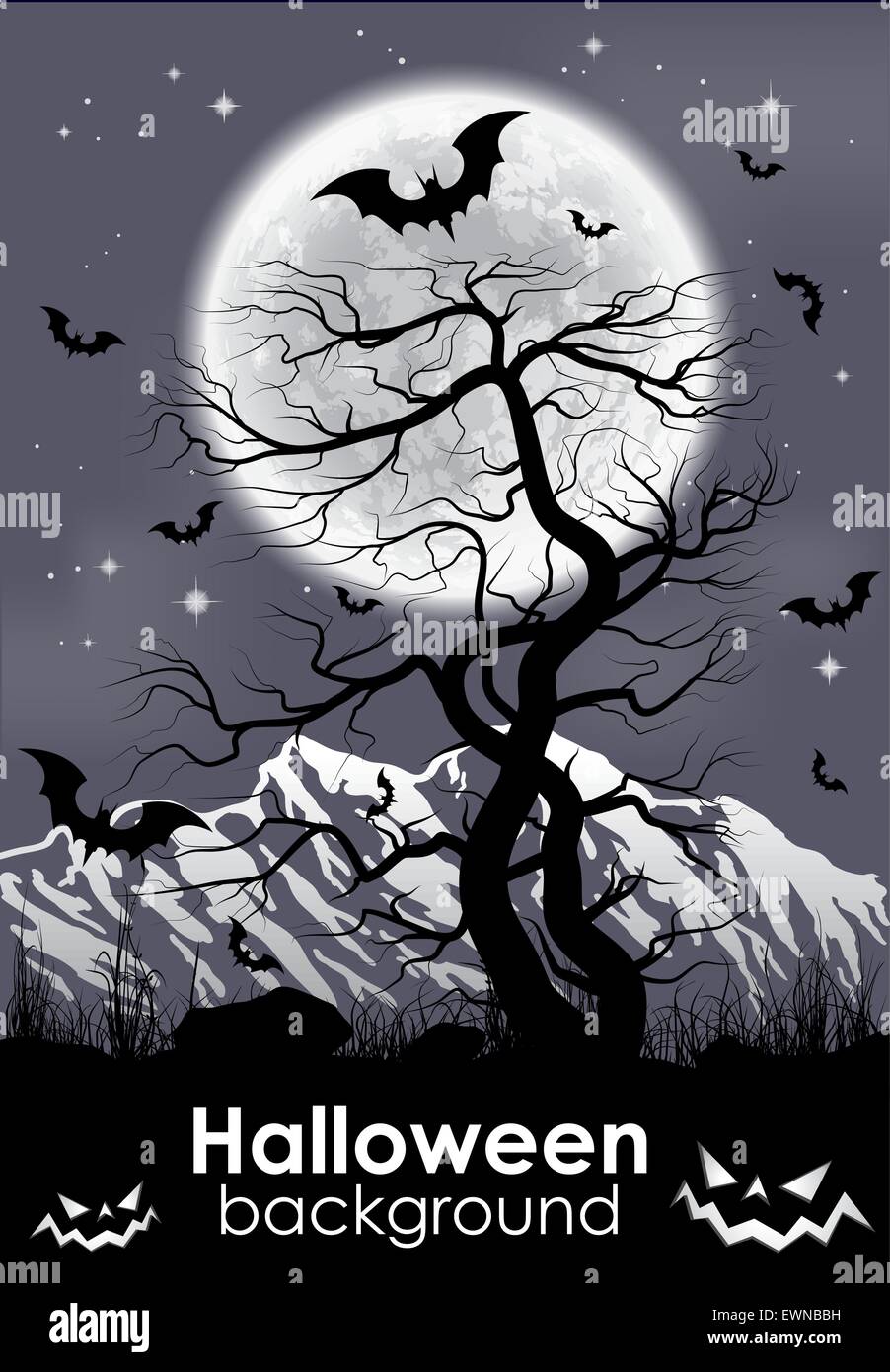 Halloween background with foll Moon and lifeless tree. Vector illustration. Stock Vector