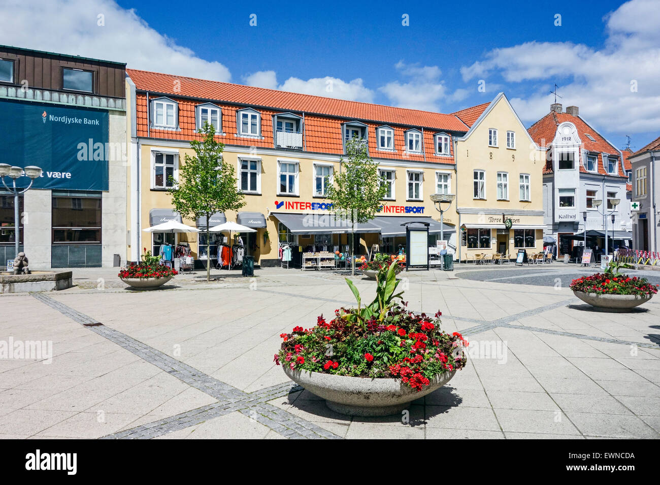 The town Square Vestergade Sæby Jutland Denmark with shops Stock Photo ...