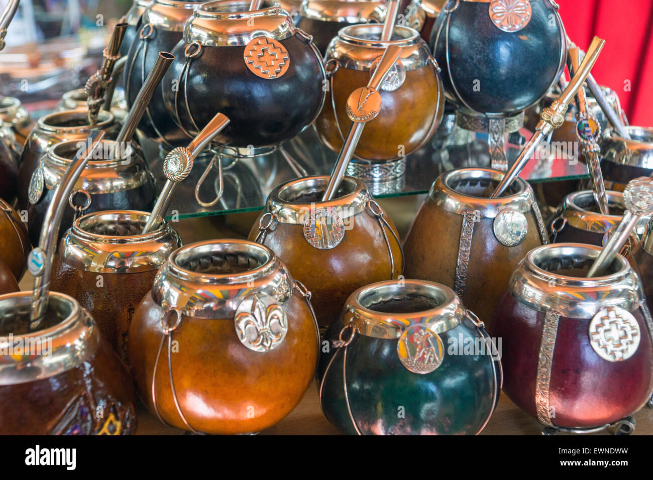 A selection of calabash mate cups seen in Argentina Stock Photo