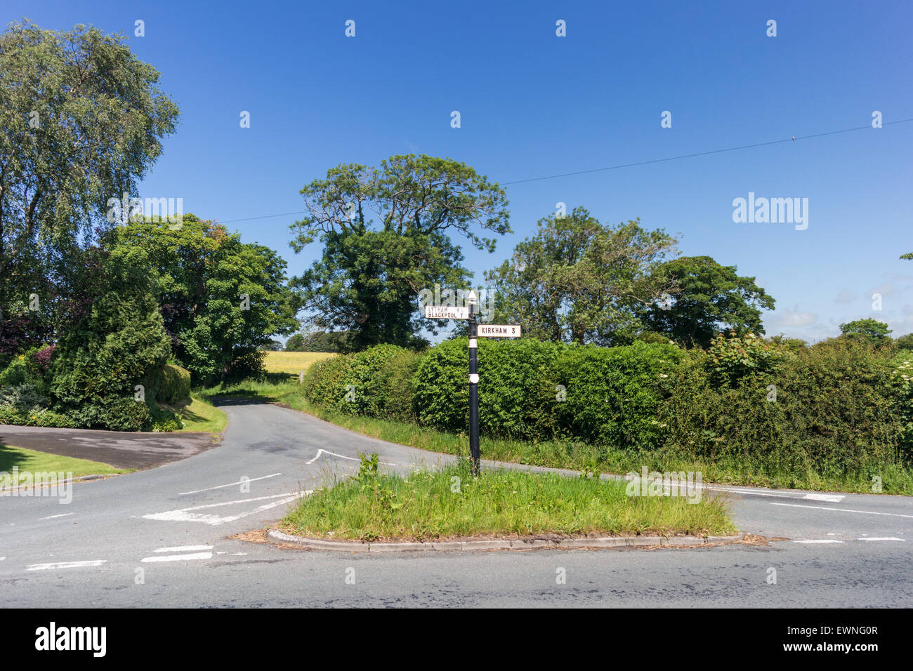 Small road junction on remote lanes in Lancashire countryside Stock Photo