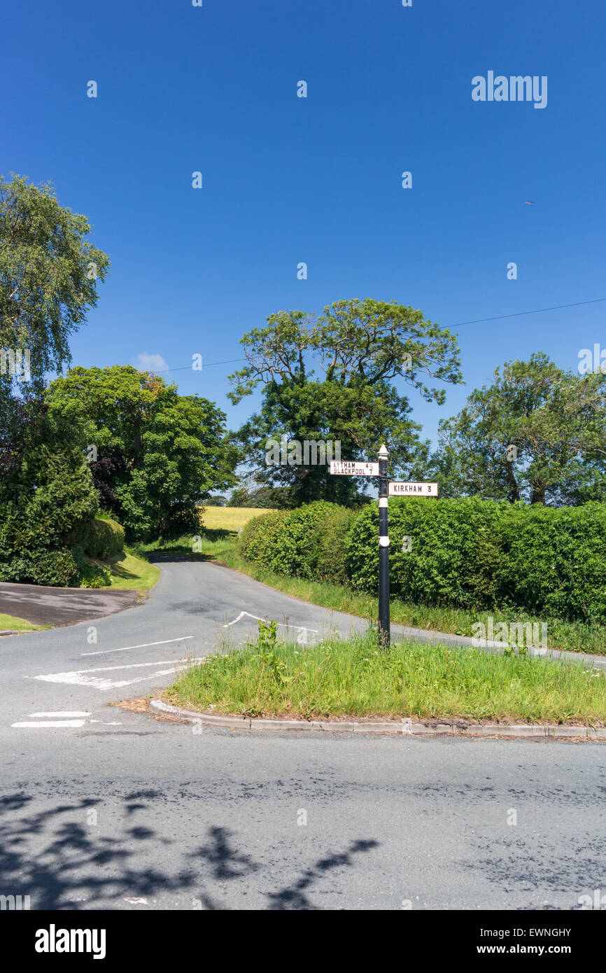 Small road junction on remote lanes in Lancashire countryside Stock Photo