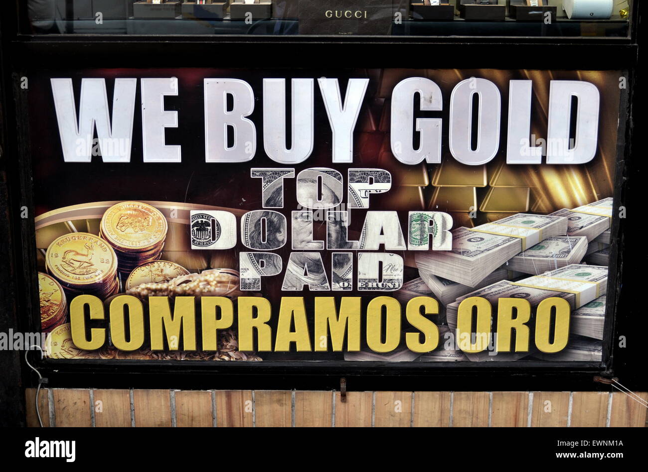 New York City: We Buy Gold sign at a jewelry shop on Broadway in