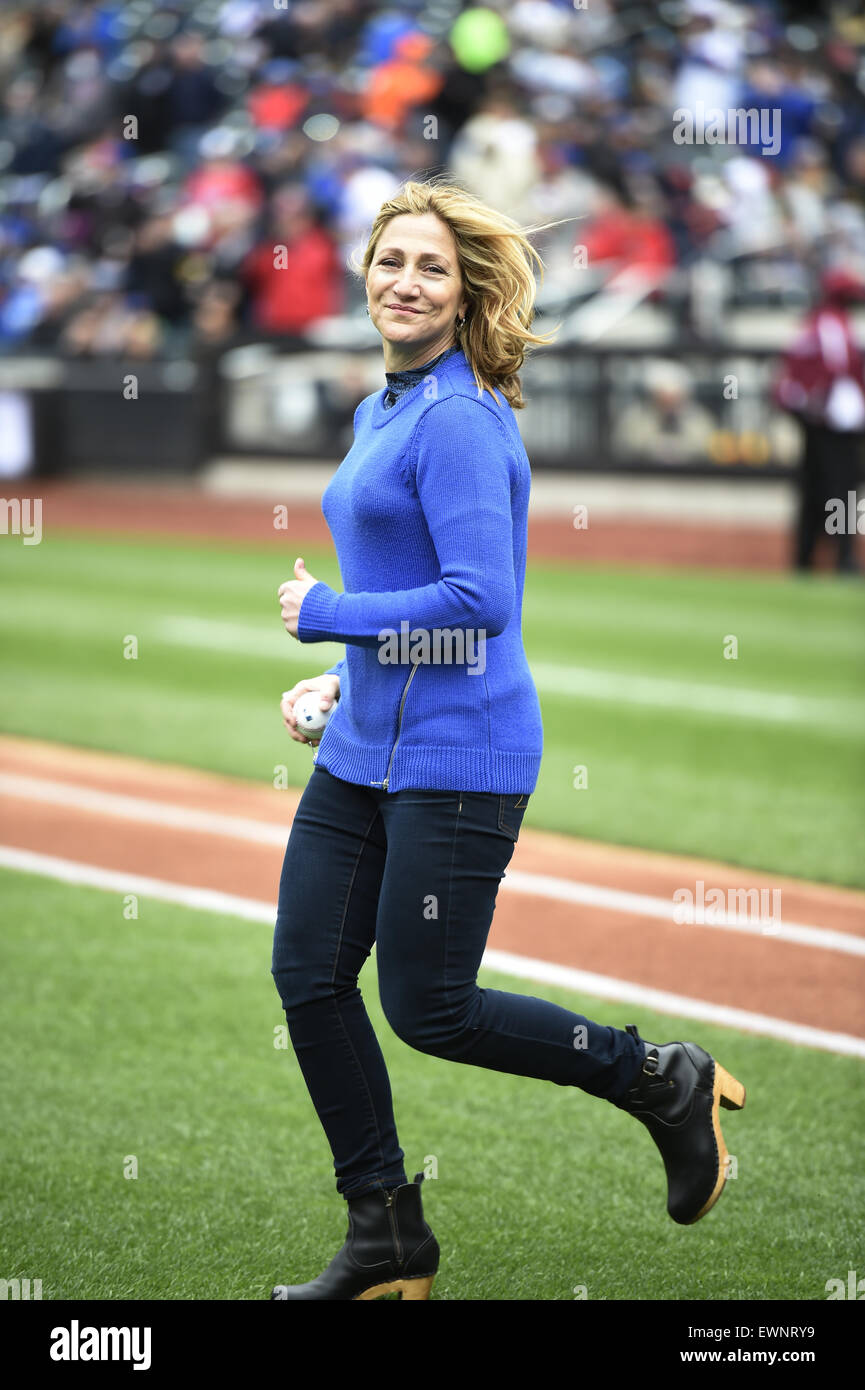 Edie Falco throws out the first pitch at the New York Mets game at Citi Field in New York City  Featuring: Edie Falco Where: New York City, New York, United States When: 23 Apr 2015 Stock Photo