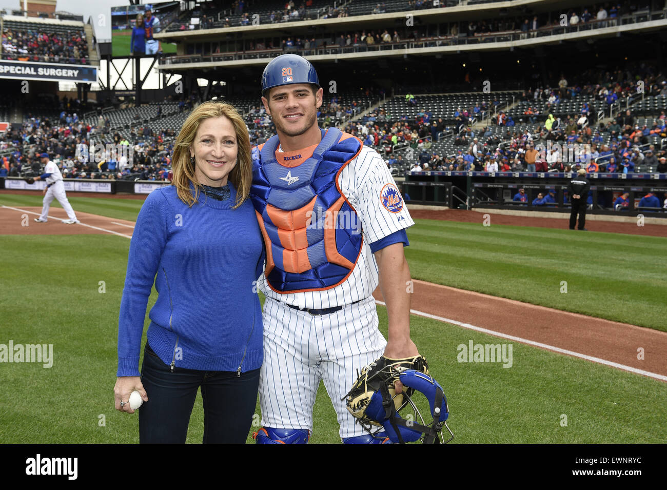 Edie Falco throws out the first pitch at the New York Mets game at Citi Field in New York City  Featuring: Edie Falco Where: New York City, New York, United States When: 23 Apr 2015 Stock Photo