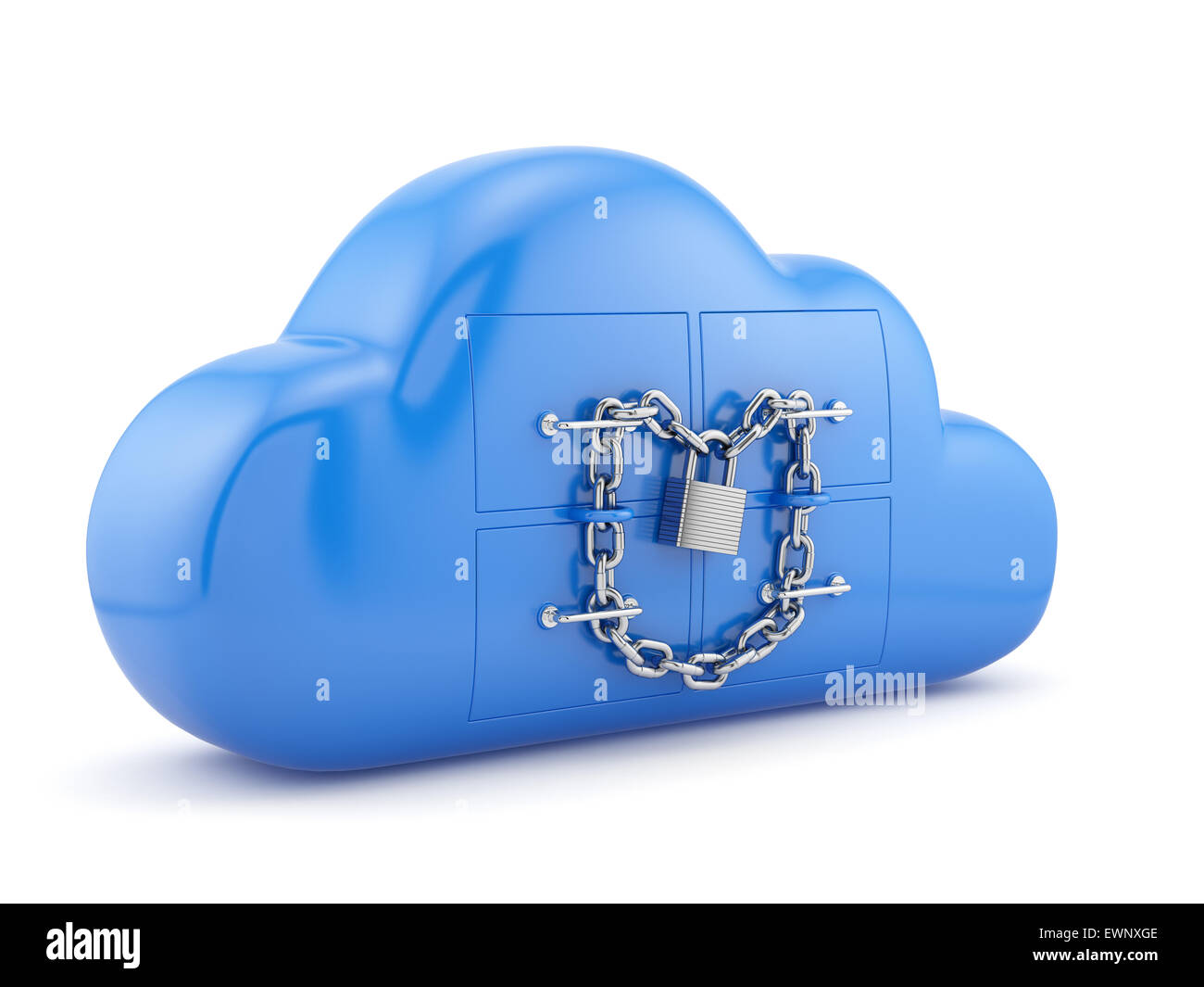 Cloud security concept. Blue cloud with padlock and chain isolated on white background Stock Photo