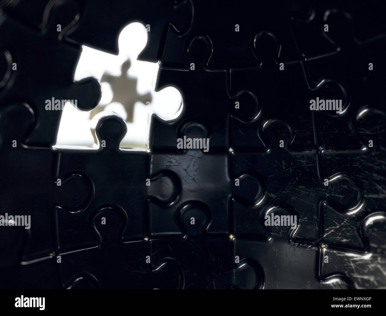 3d rendering of jigsaw sphere puzzle with one piece light window glow. Succes concept Stock Photo