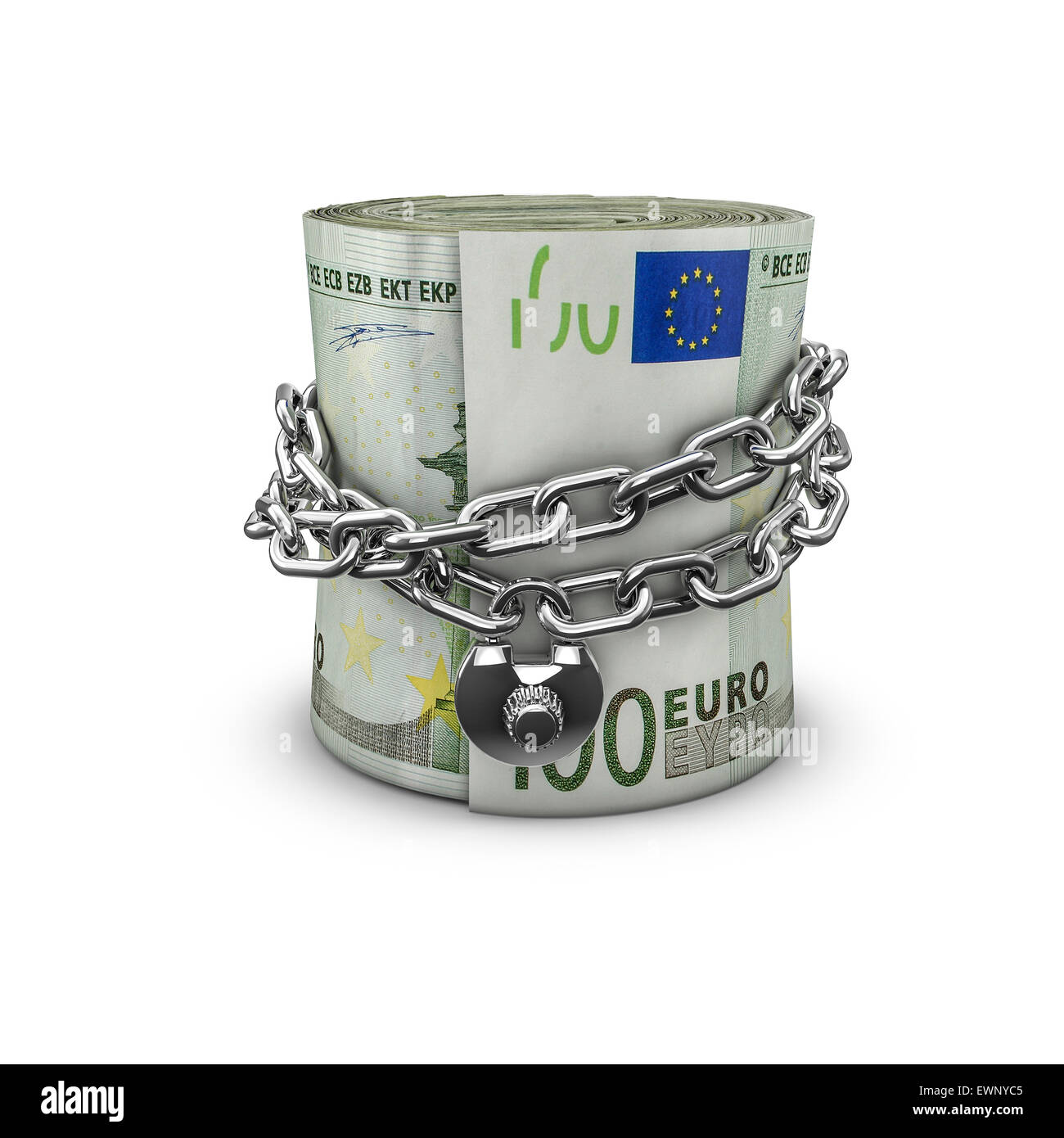 Chained money roll euros, 3D render of locked chain around rolled up hundred euro notes Stock Photo