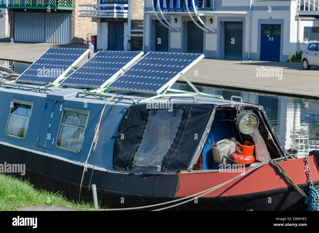 Solar panels on a narrow boat on the River Cam, Cambridge, UK Stock