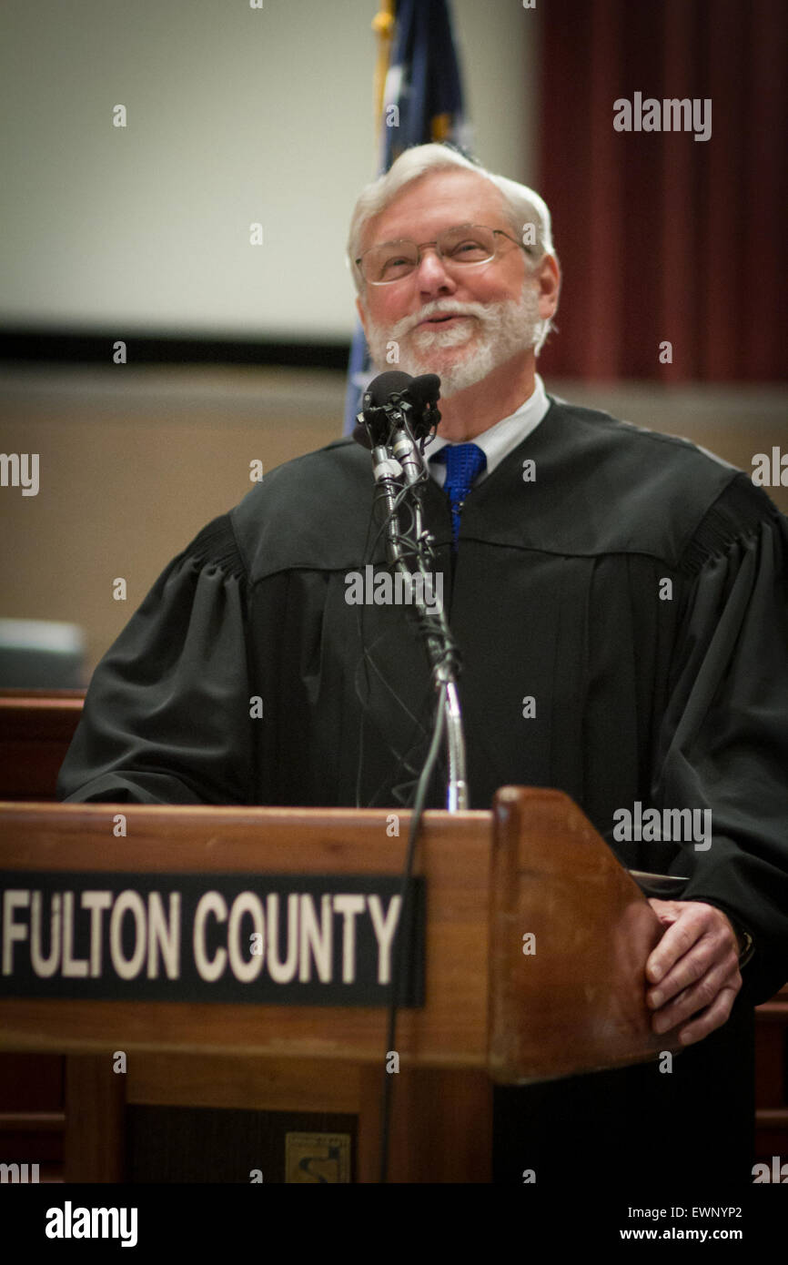 Judge T. Jackson Bedford addresses the crowd before marrying couples in Georgia on June 26, 2016. Several judges officiated. Stock Photo