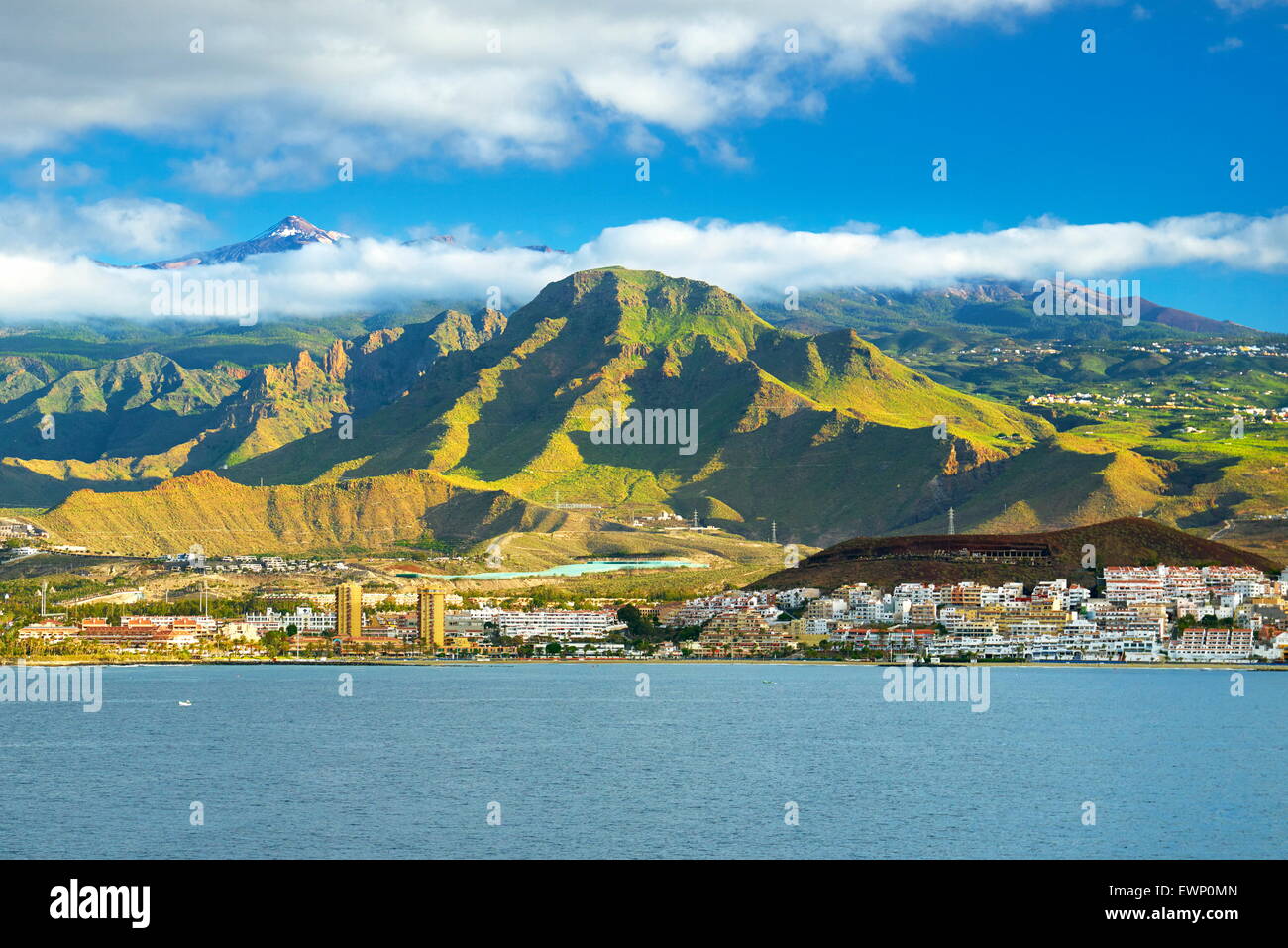 Teide Mount and Los Cristianos town, Tenerife, Canary Islands, Spain Stock Photo