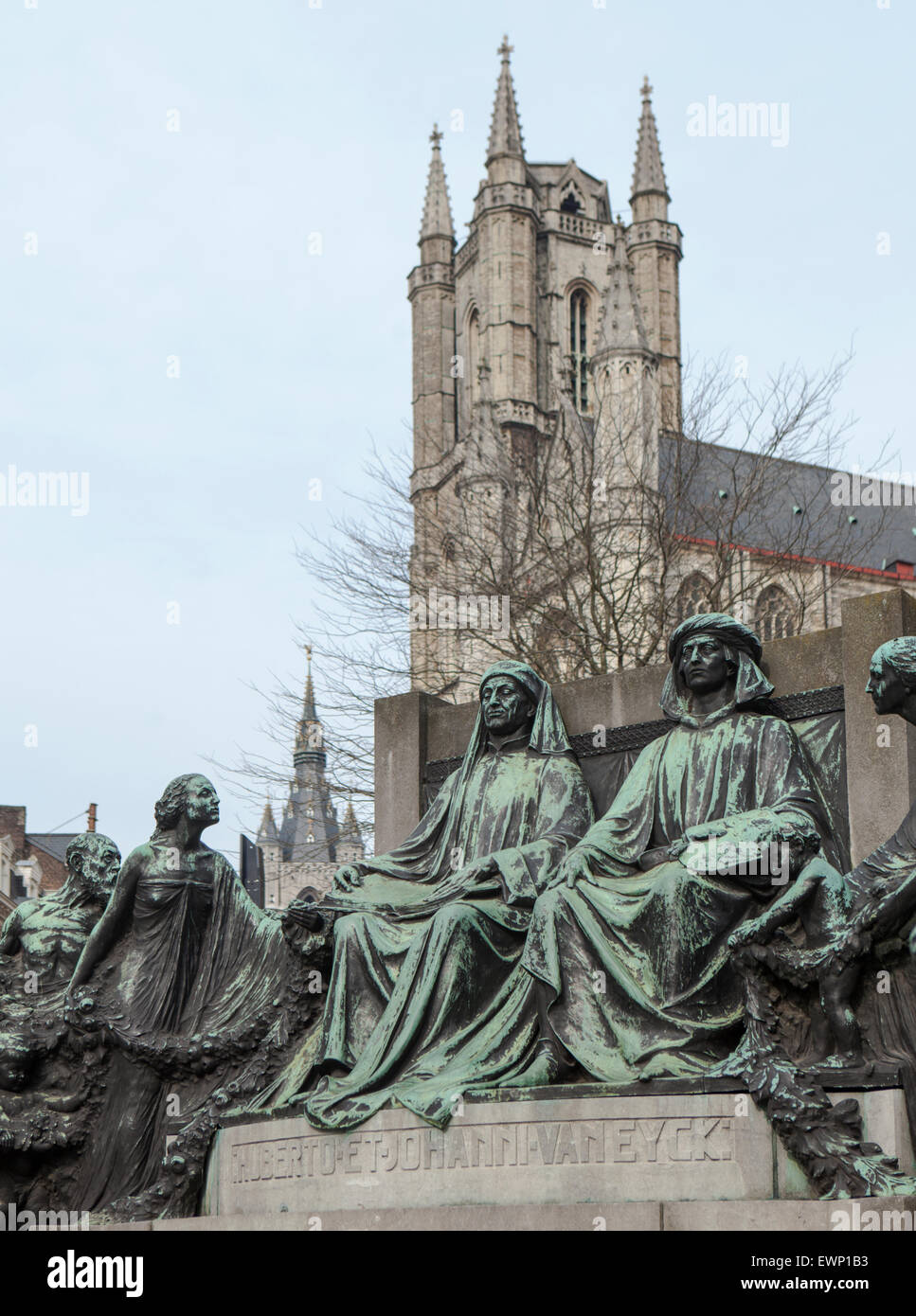 Saint Bravo's Cathedral, Van Eyck Statue, Ghent, Belgium Stock Photo