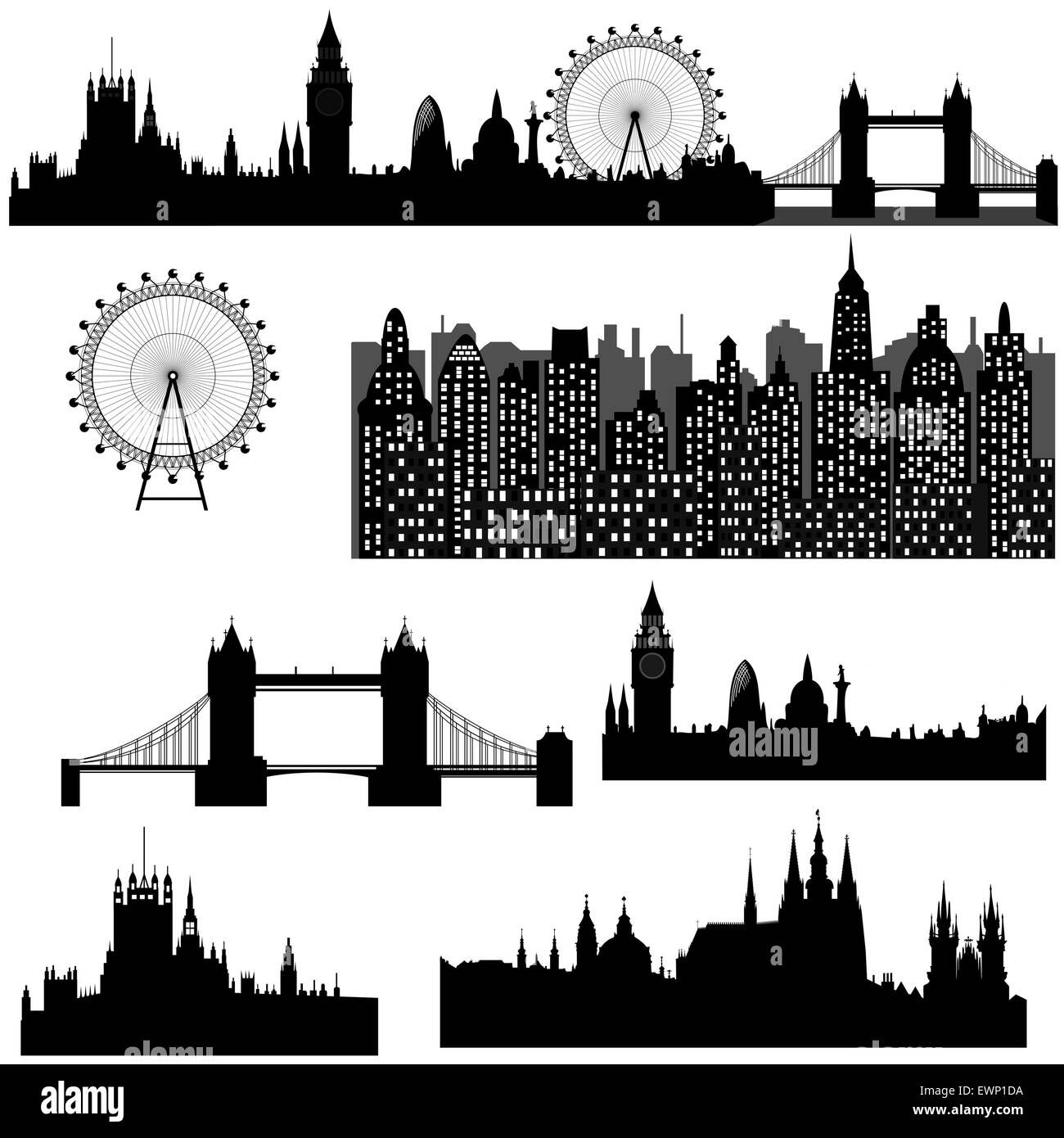 Famous architectural monuments and landmarks - London, Prague and modern city - vector Stock Vector