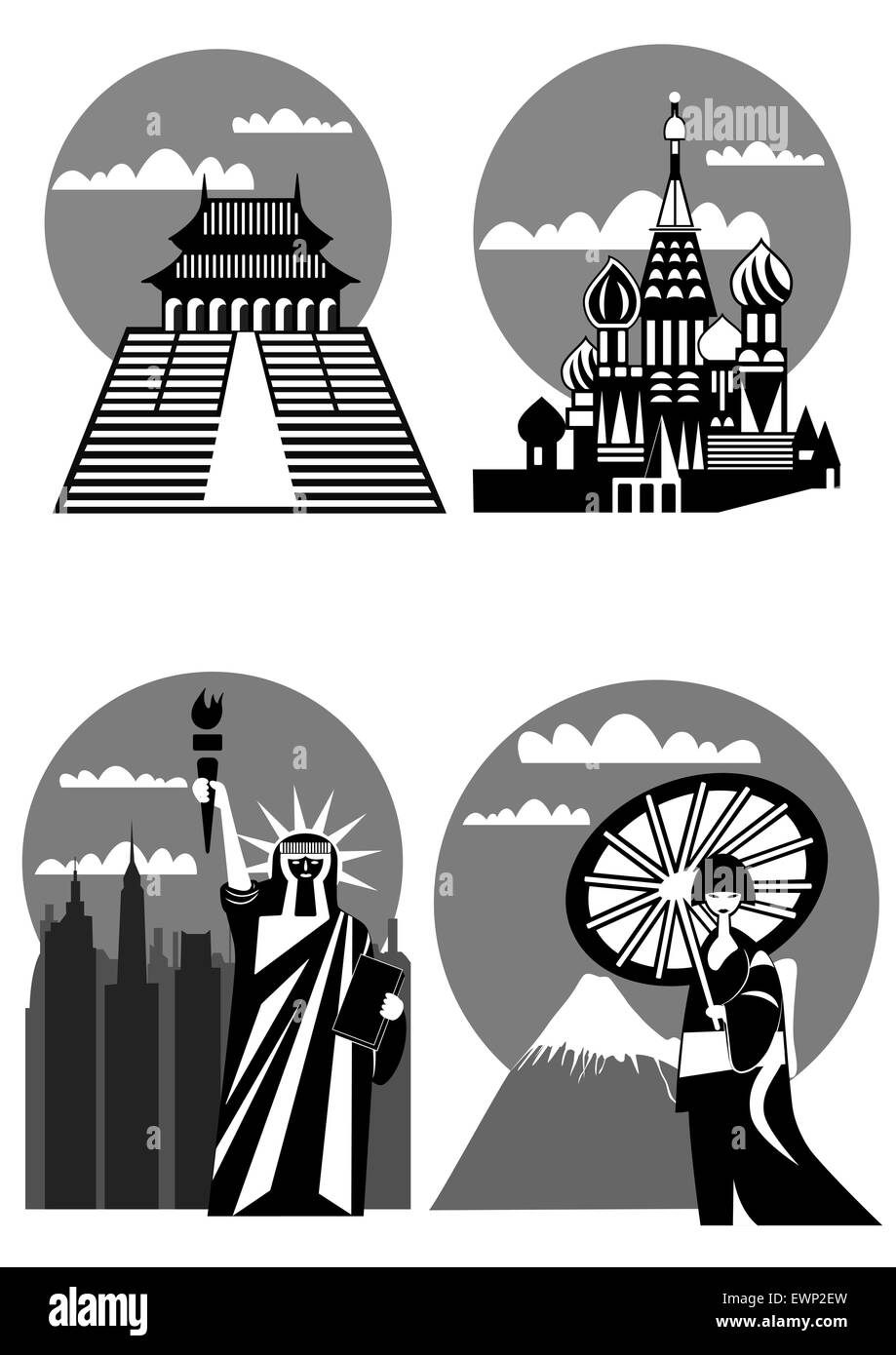 various famous landmarks and monuments - Japan, New York, Far East, Moscow Stock Vector