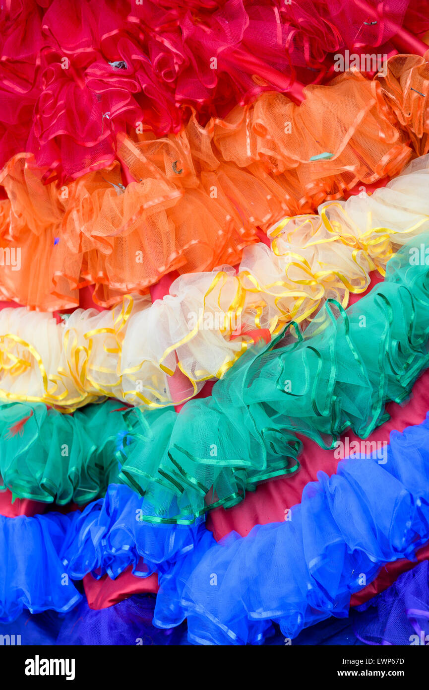 Gay pride rainbow flag dress detail close-up of colorful ruffles Stock  Photo - Alamy