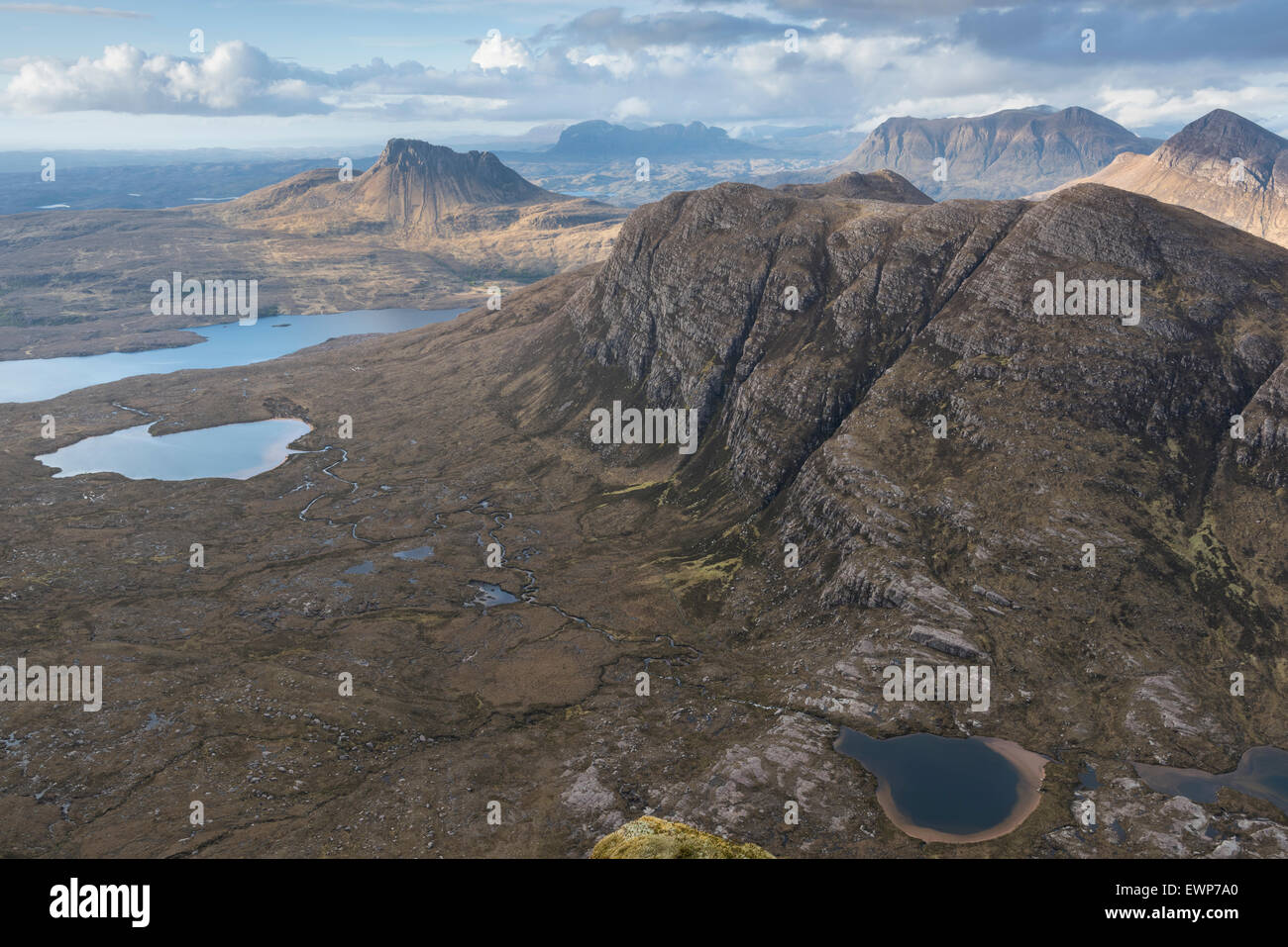 View from Sgurr an Fhidhlier, the Fiddler, over the mountains of Coigach, Inverpolly and Assynt, Scottish Highlands Stock Photo