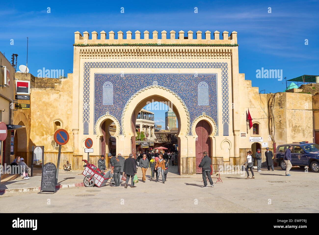 Fez Medina, Bab Bou Jeloud Gate one of the most magnificent gates leading to the Medina, Morocco, Africa Stock Photo
