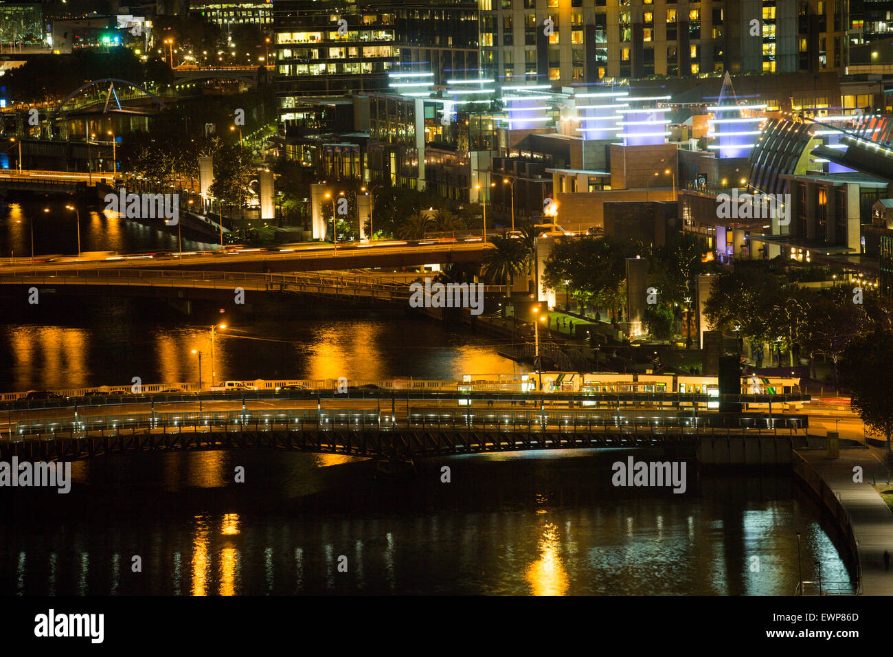 Bridges, River and Downtown, Melbourne, Australia at Night Stock Photo