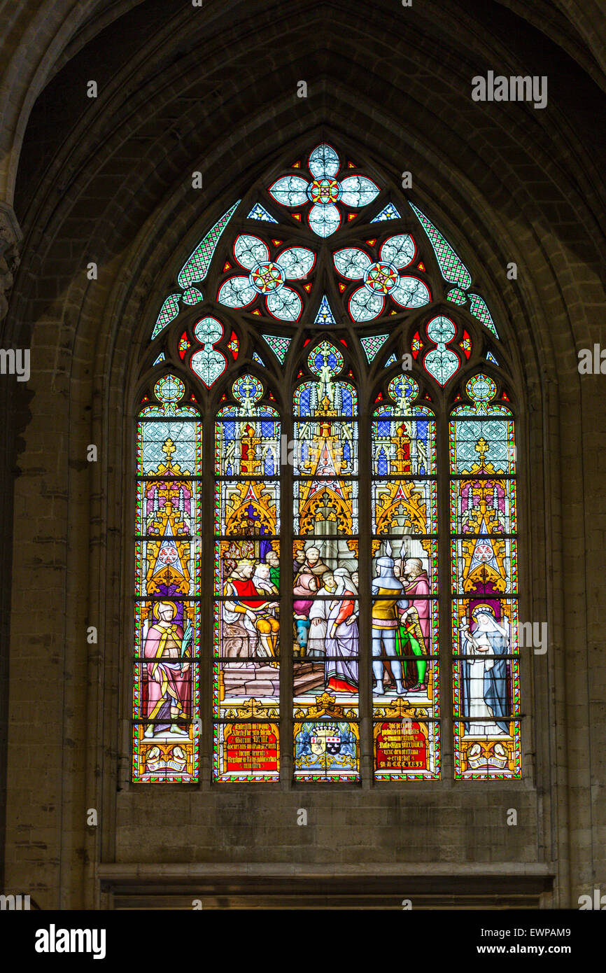 Stained glass window, St Michael and St Gudula Cathedral, Brussels, Belgium Stock Photo