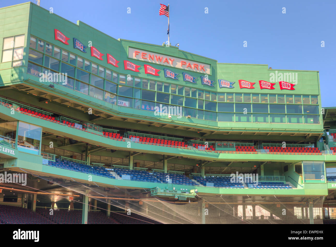 The press box behind home plate in iconic Fenway Park in Boston, Massachusetts. Stock Photo