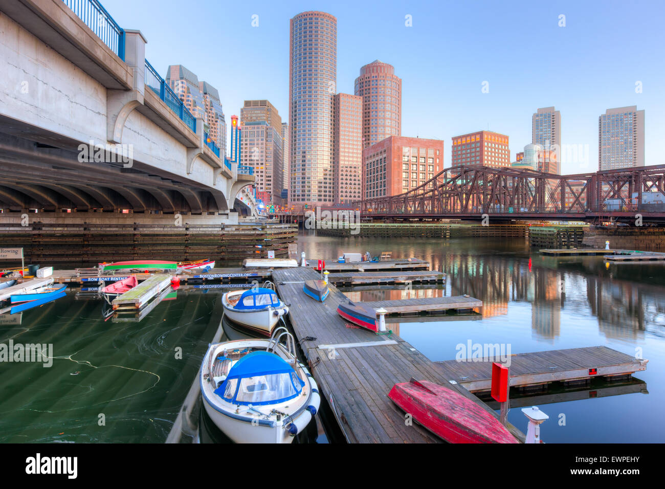 Boats docked at the Barking Crab Marina on Fort Point Channel in Boston, Massachusetts. Stock Photo