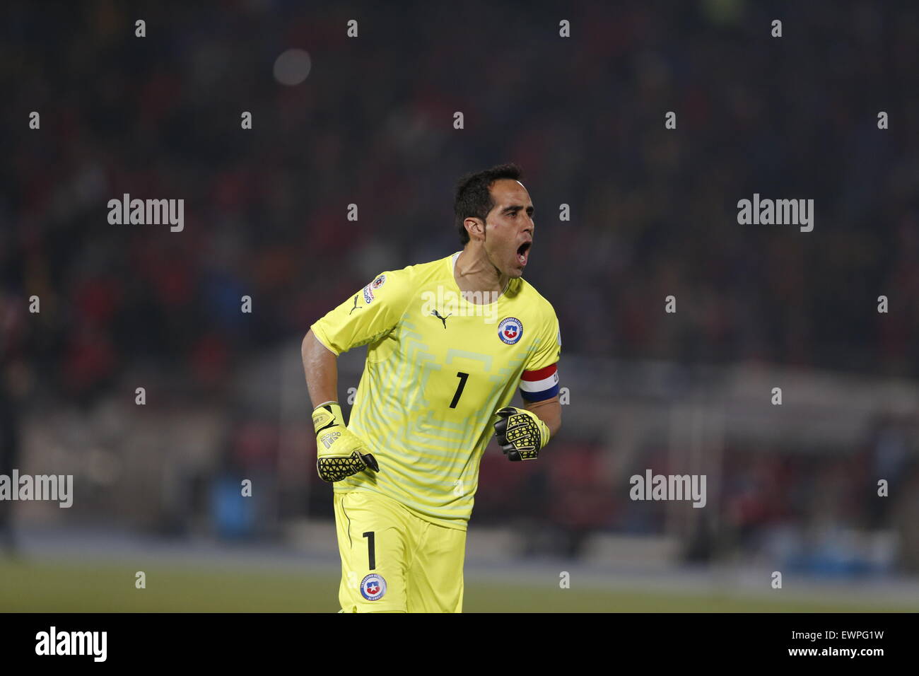 Santiago, Chile. 29th June, 2015. Claudio Bravo from Chile celebrates a goal against Peru during the Copa America Chile 2015 semifinal match, held at National Stadium, in Santiago, Chile, on June 29, 2015. Chile won 2-1 Credit:  Pedro Mera/Xinhua/Alamy Live News Stock Photo