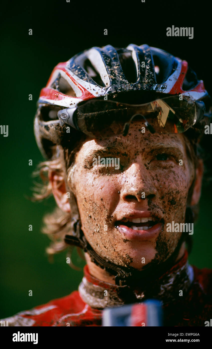 Portrait of muddy mountain biker after race in Sandpoint, Idaho Stock