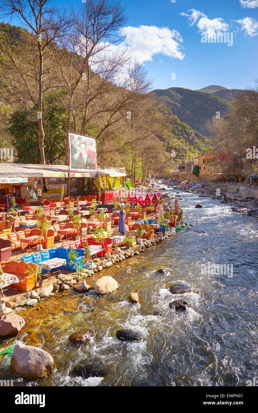 Ourika Valley. Restaurant on the banks of the river. Morocco Stock Photo