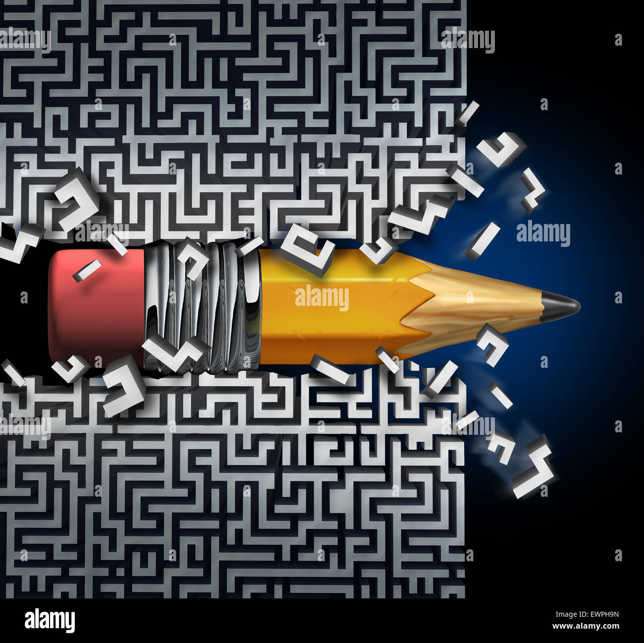 Innovative solution plan as a pencil  trying to find way out of maze breaking through the labyrinth as a business concept and creative metaphor for strategy success and planning achievement. Stock Photo