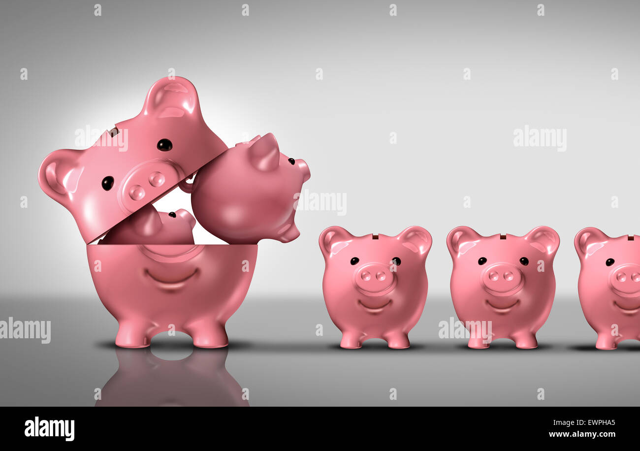 Business diversification concept as a financial growth strategy for new markets for investment growth as an open piggy bank with a group of smaller piggybanks as a metaphor for growing wealth or budget costs and inflation symbol. Stock Photo