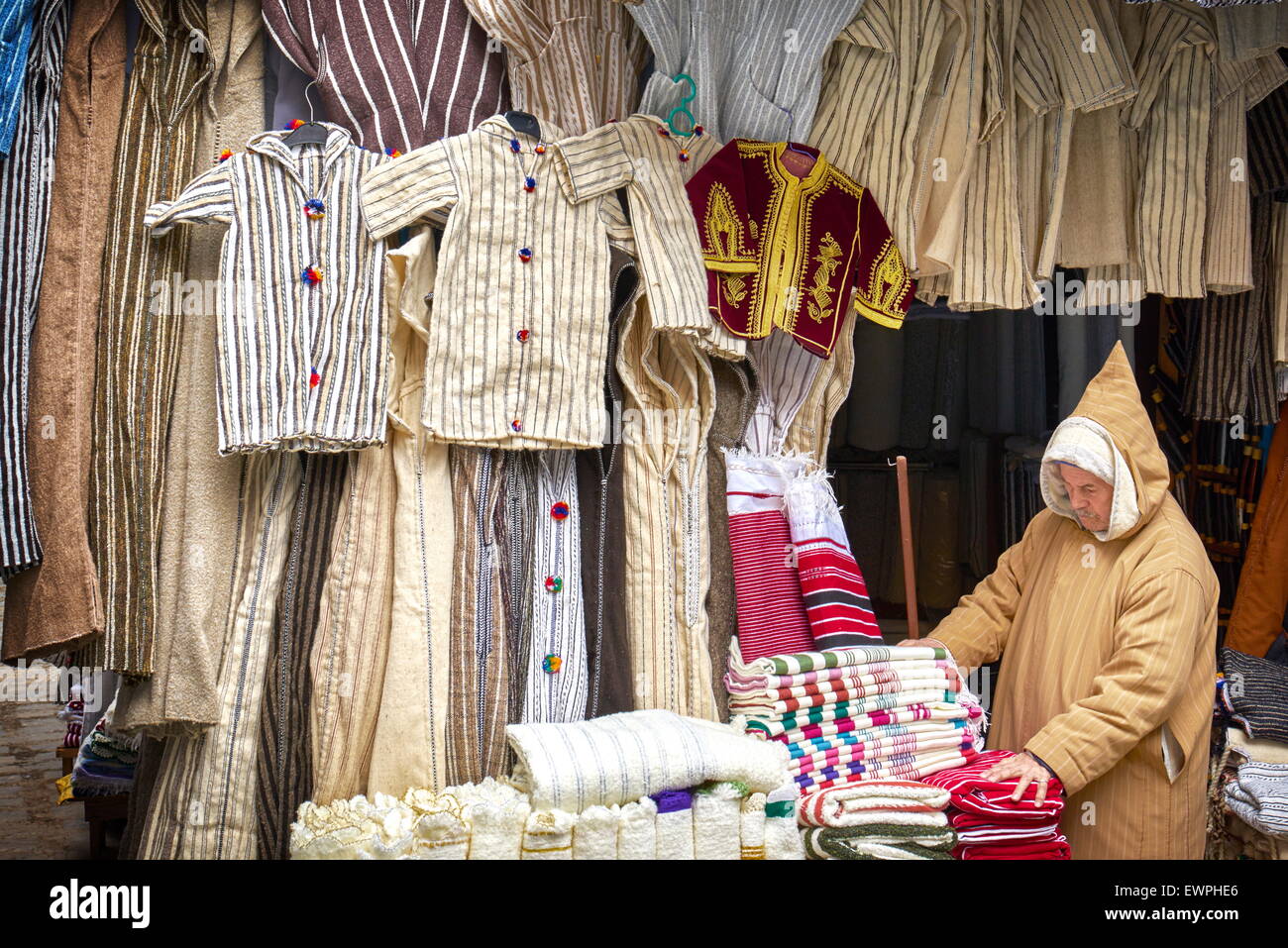 Clothing shop. Wool djellabas, Berber Moroccan traditional dress. Morocco Stock Photo