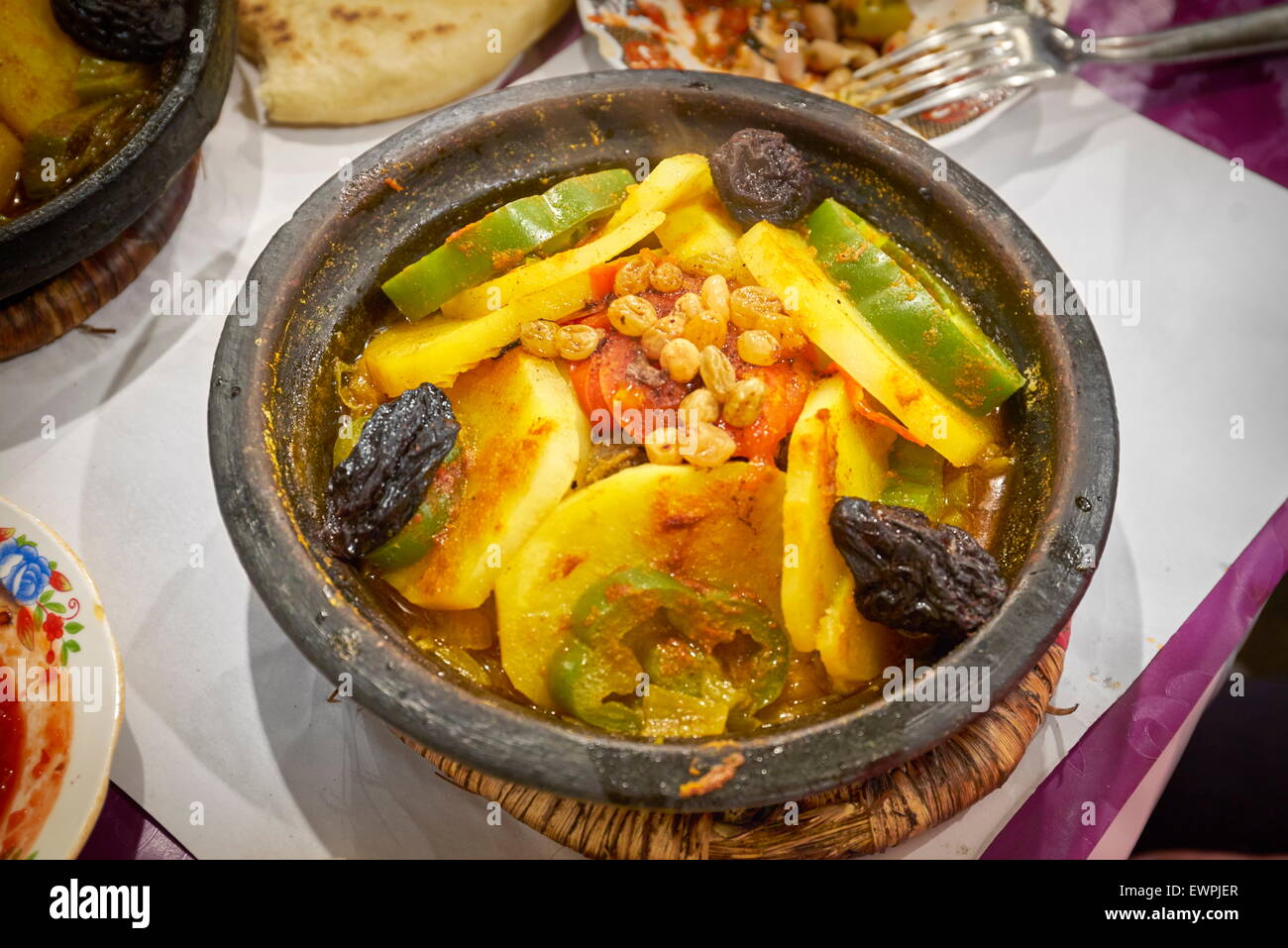 Moroccan food - tagine tajine served on Djemaa el-Fna Square, Morocco Stock Photo