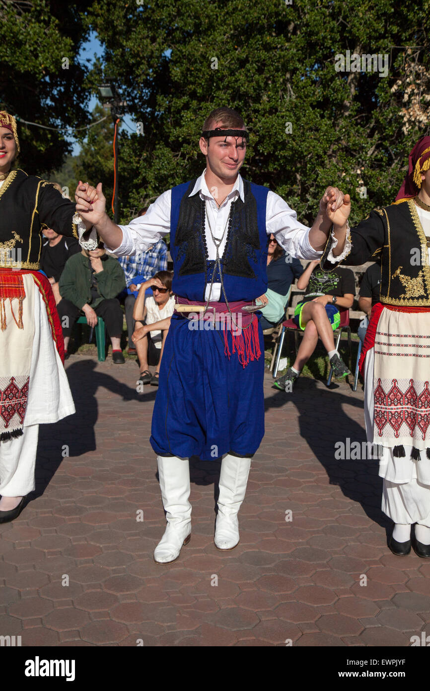 Minoan Greek dancer performing Grete dance at Greek festival, Novato