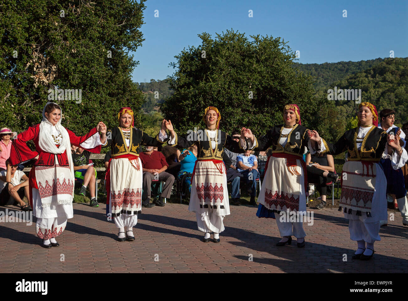 Female Greek dancers performing at a Greek festival, Novato, California