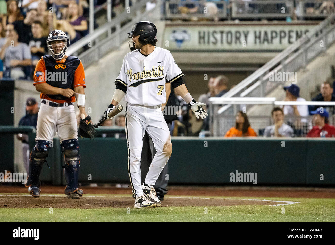 June 24, 2015: Vanderbilt shortstop Dansby Swanson #7 reacts after being  punched out by 1st base umpire in action during game 3 of the 2015 NCAA  Men's College World Series Championship Finals