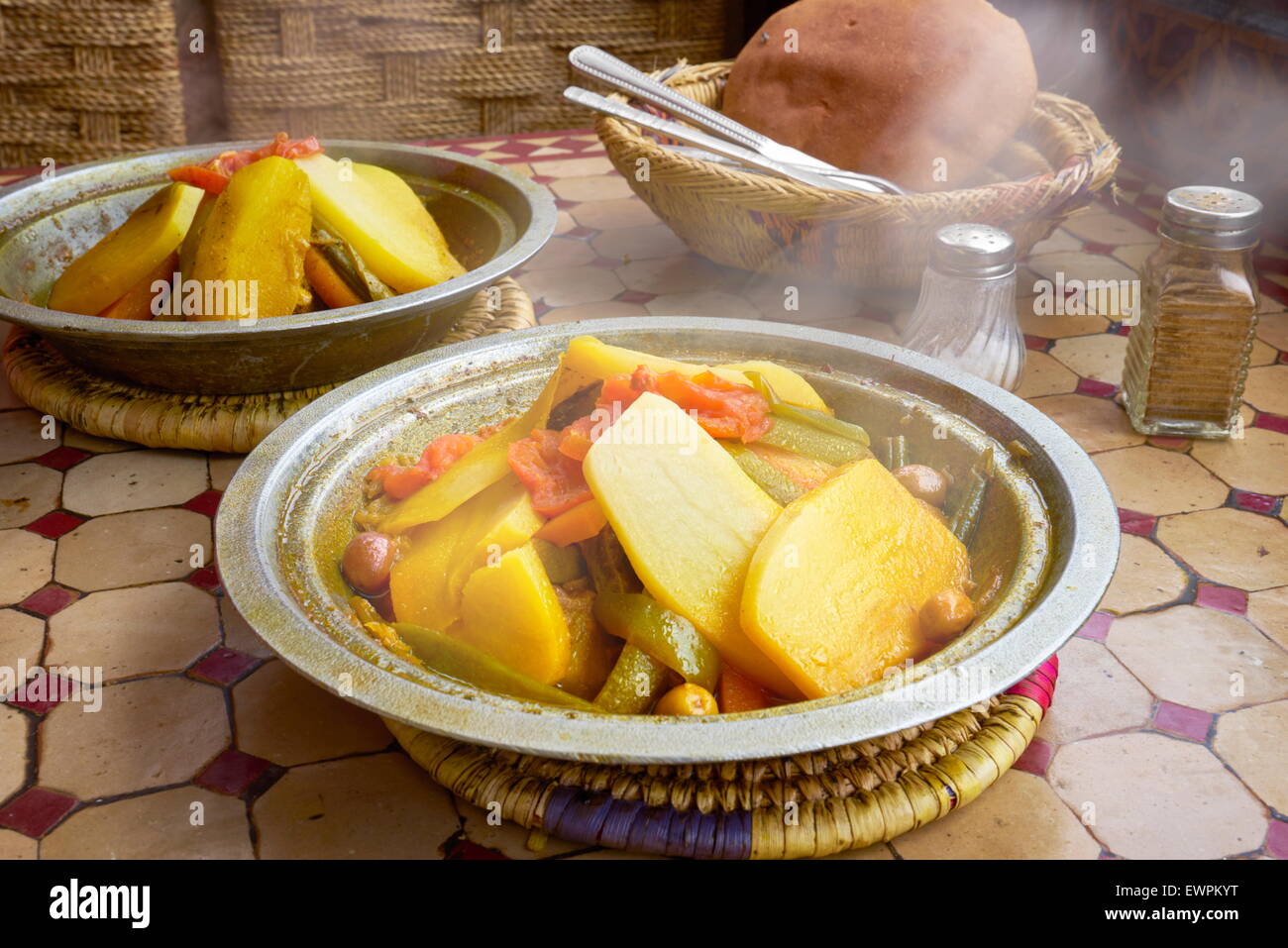 Traditional moroccan food tagine tajine served in restaurant on Djemaa el-Fna Square, Marrakesh, Morocco Stock Photo