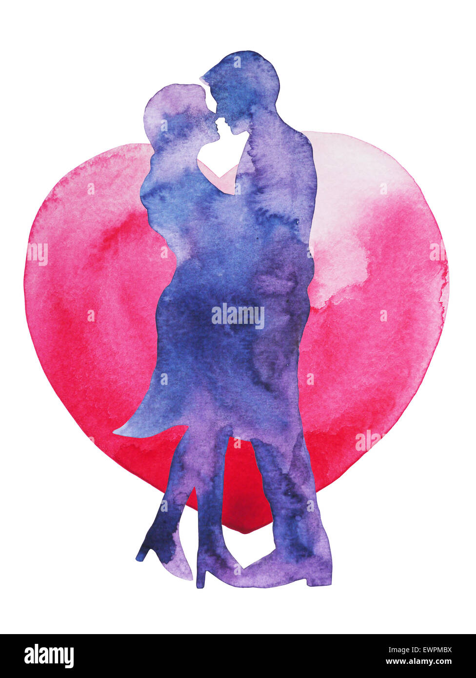 happy couple lover kissing with heart background, wedding card or engagement, engage, valentines day, happiness, watercolor pain Stock Photo