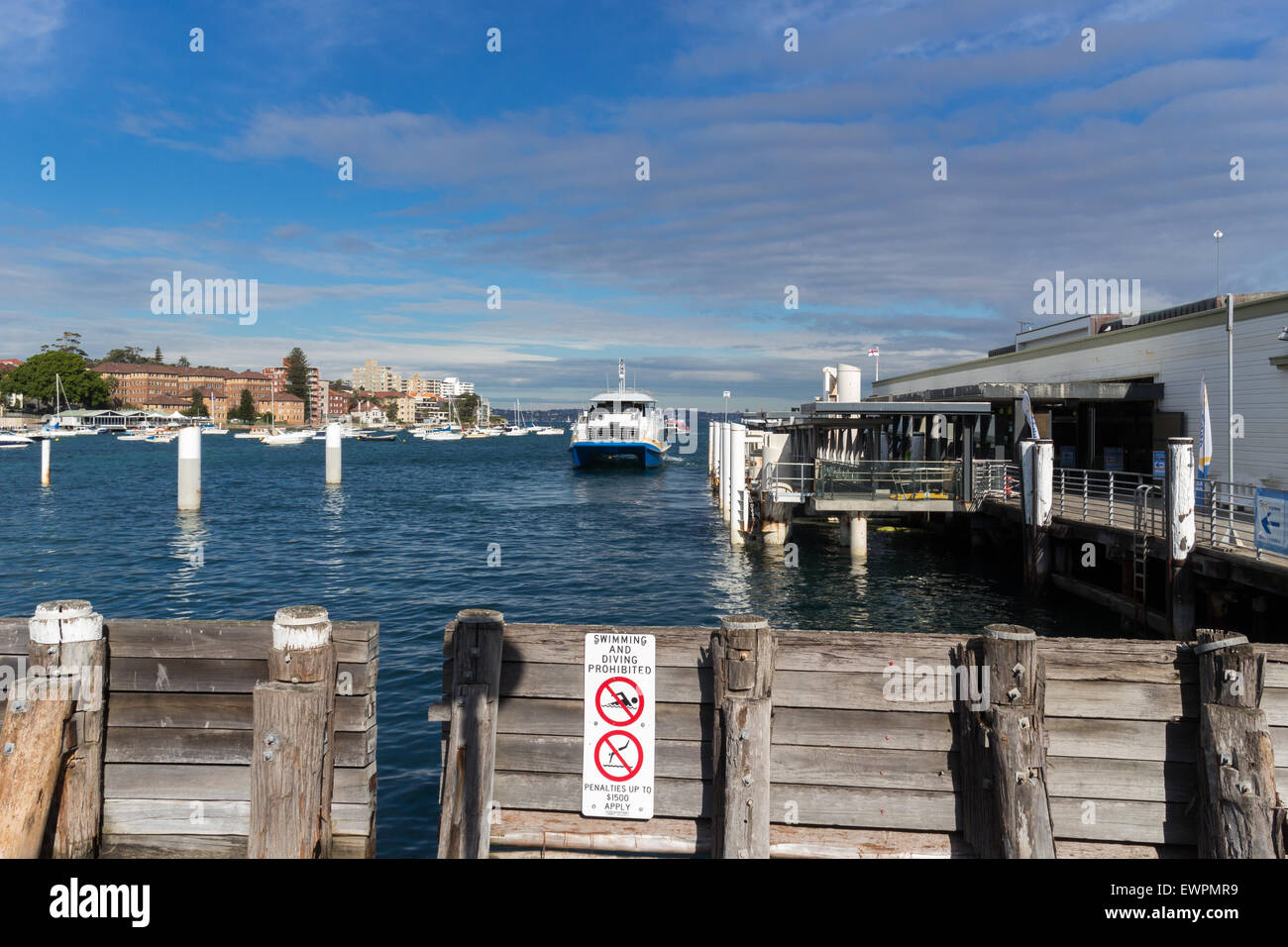 Manly, Australia-June 5th 2015: The high speed ferry approaches Manly Wharf. Stock Photo