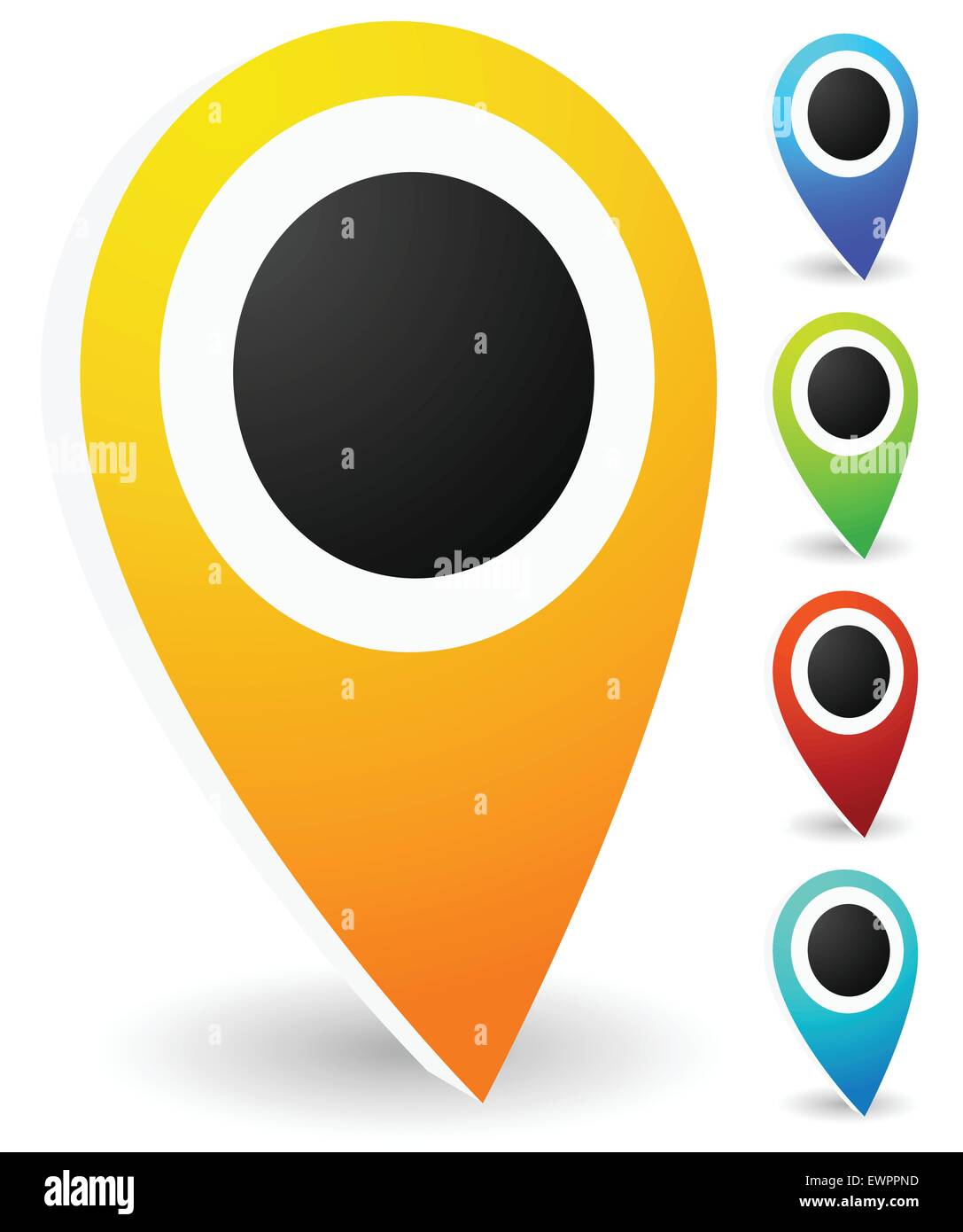 Map markers, map pins, pointer elements. 5 colors, orange, blue, green