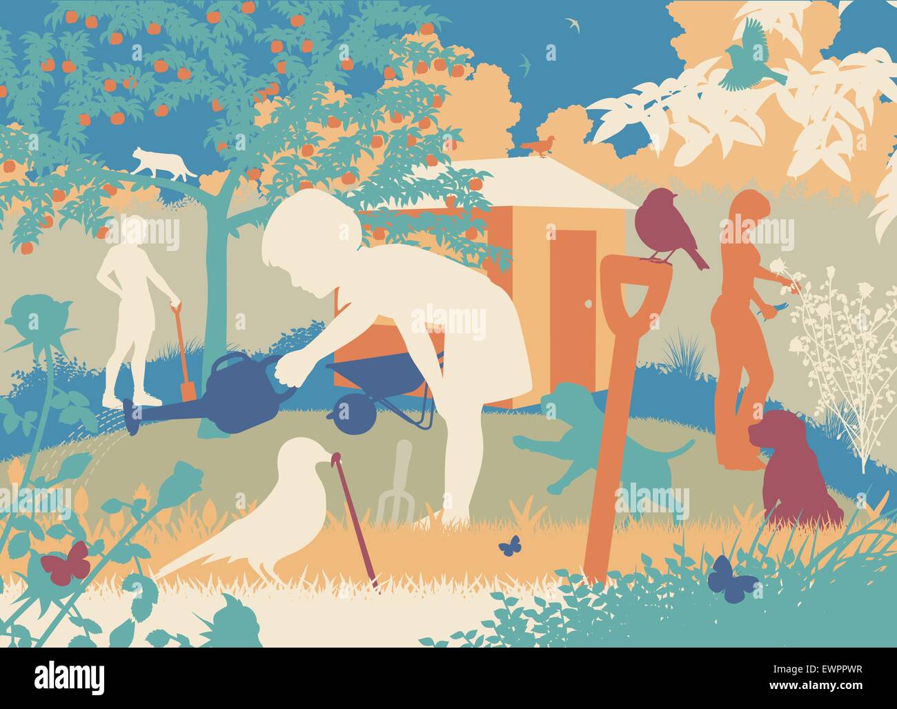 Colorful editable vector cutout illustration of a family gardening with puppies and wildlife Stock Vector