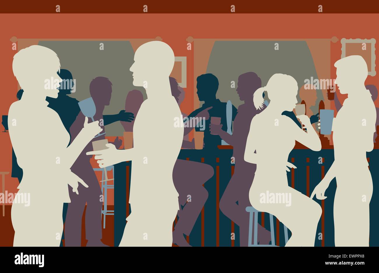 EPS8 editable vector cutout illustration of people drinking in a busy bar Stock Vector