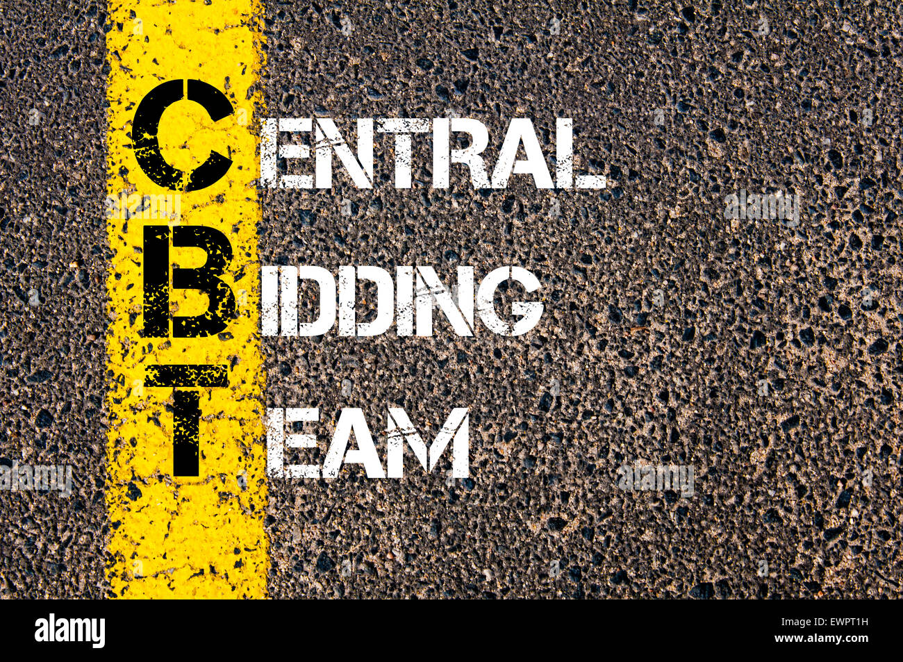 Concept image of Business Acronym CBT as Central Bidding Team written over road marking yellow paint line. Stock Photo
