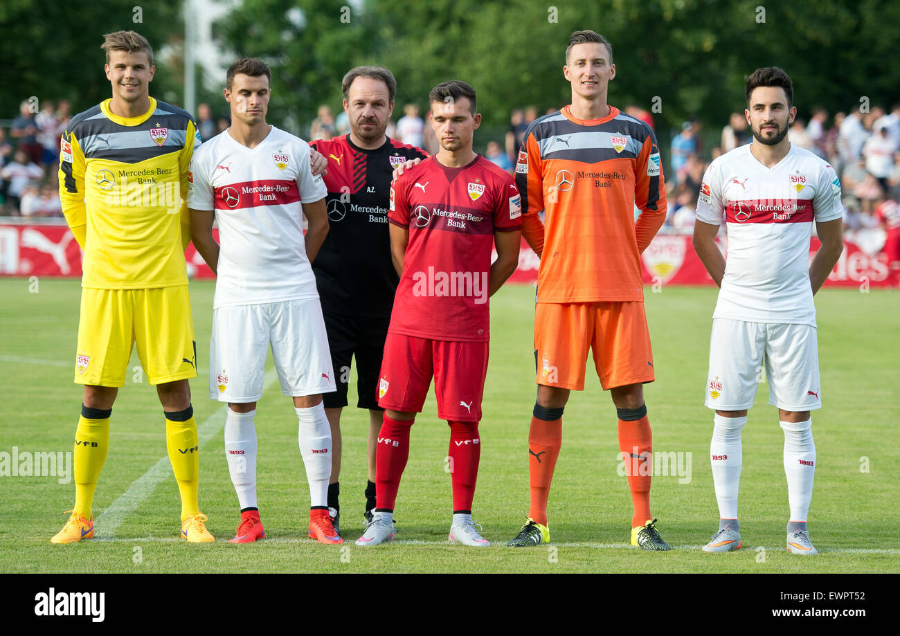 Stuttgart's coach Alexander Zorniger (3rd R) poses with his new players Mitchell Langerak (l-r), Philip Heise, Kevin Stoeger, Przemyslaw Tyton and Lukas Rupp during a presentation at the start of a practice session of Bundesliga soccer club  VfB Stuttgart in Stuttgart, Germany, 29 June 2015. Photo: Daniel Naupold/dpa Stock Photo