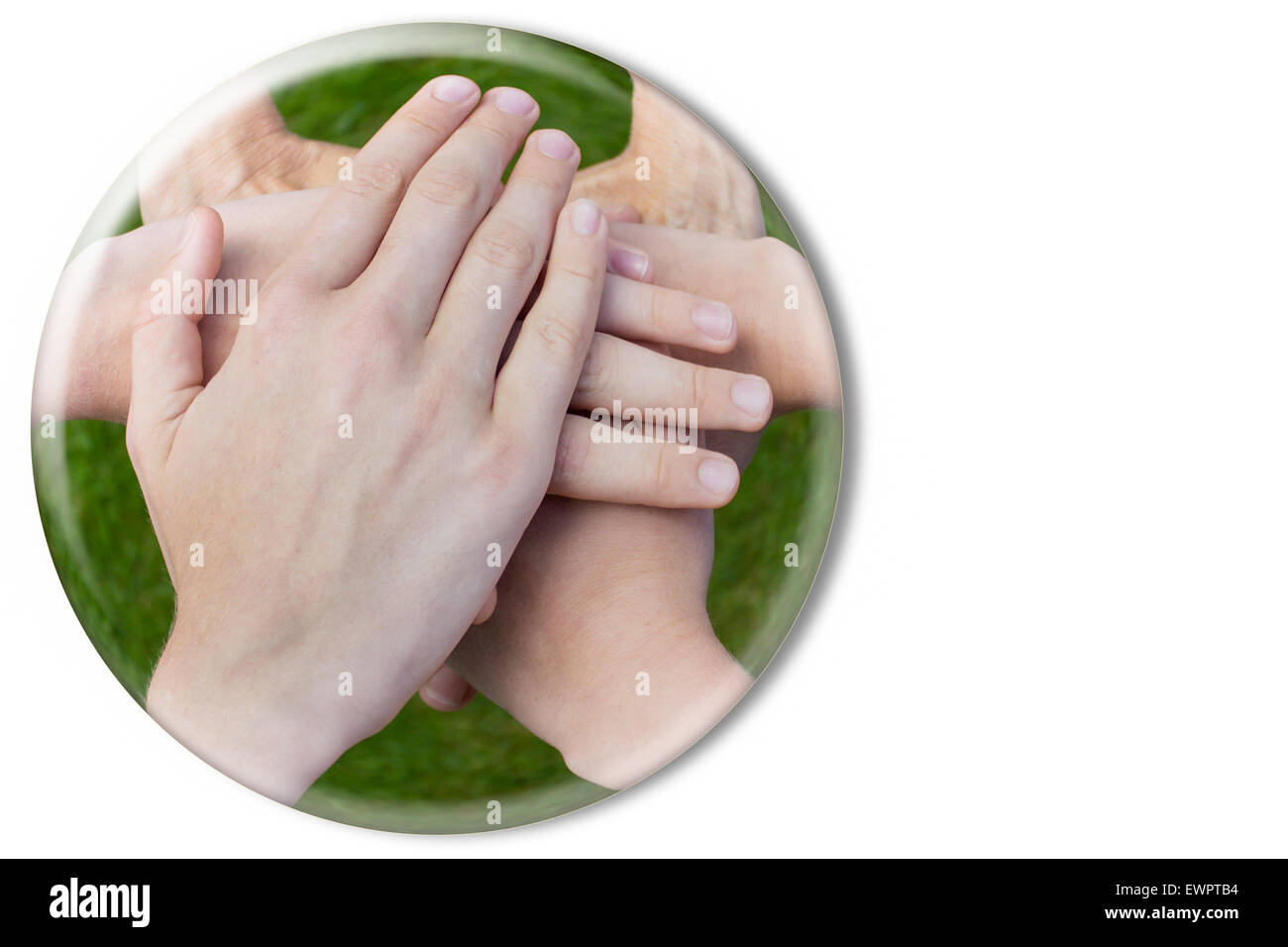 Hands uniting joining together in glass sphere isolated on white background Stock Photo