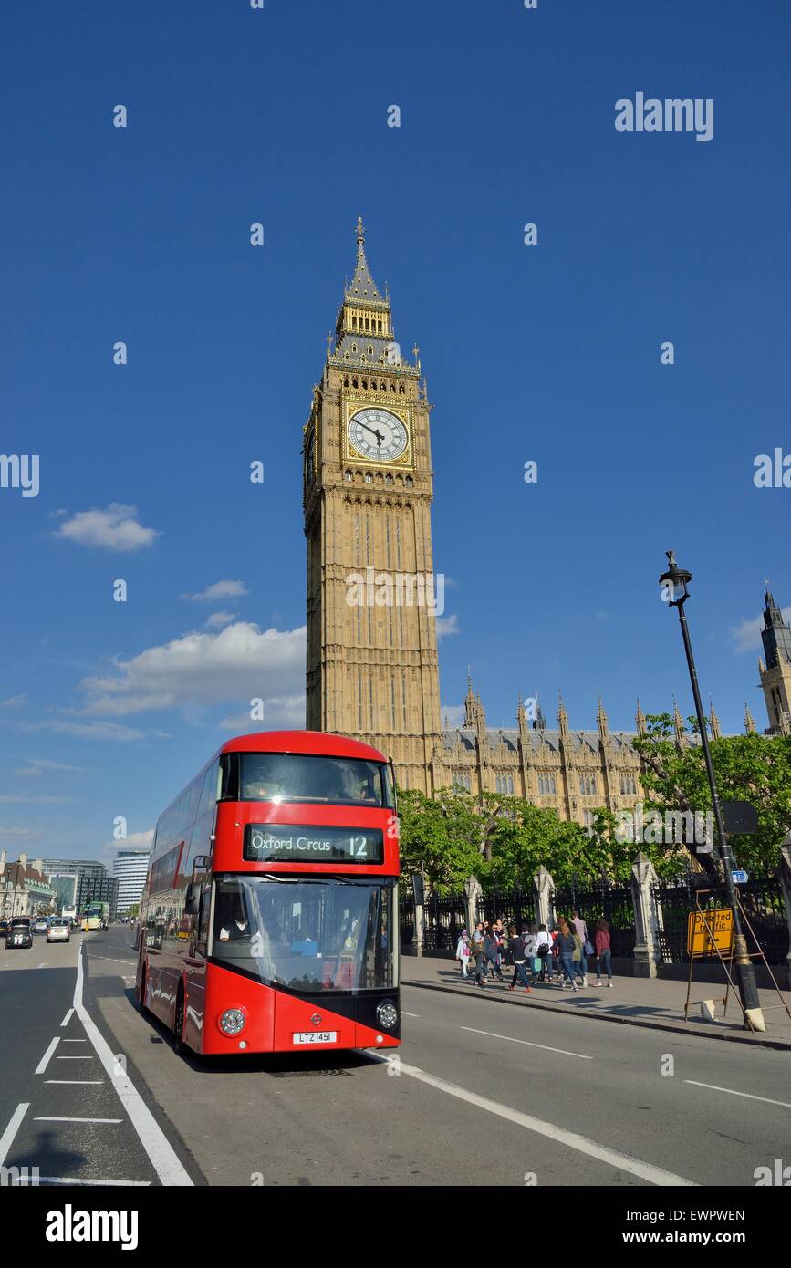 Red double-decker bus in front of the Big Ben, London, England, United Kingdom Stock Photo