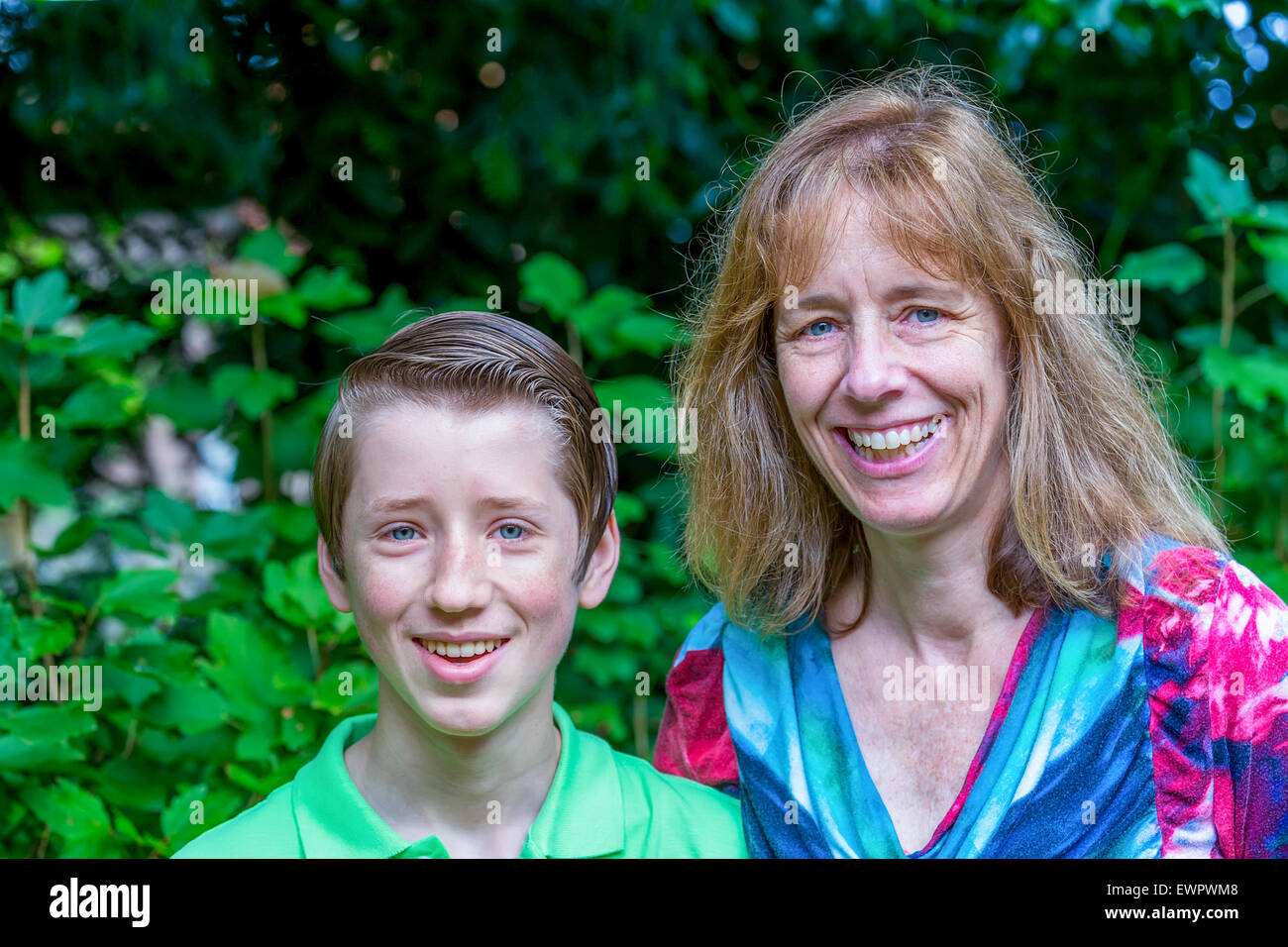 Portrait of caucasian mother and son outdoors Stock Photo