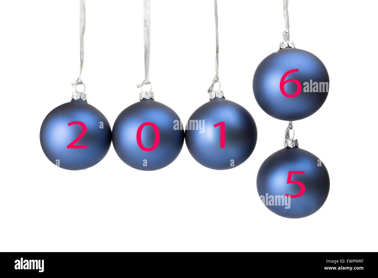 Five blue christmas balls or baubles with numbers of old and new year 2016 isolated on white background Stock Photo