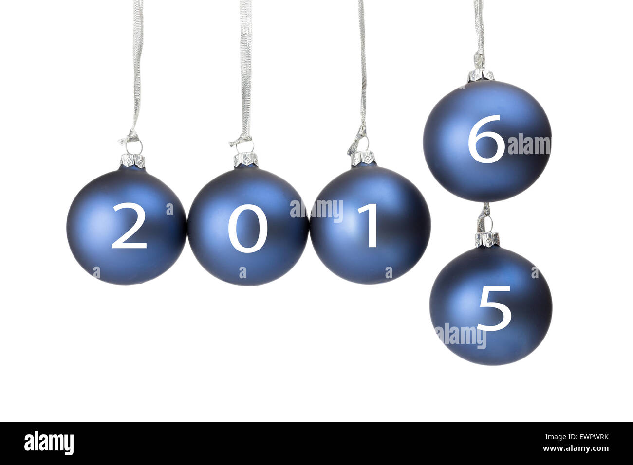 Five blue christmas balls or baubles symbolizing old and new year 2016 isolated on white background Stock Photo