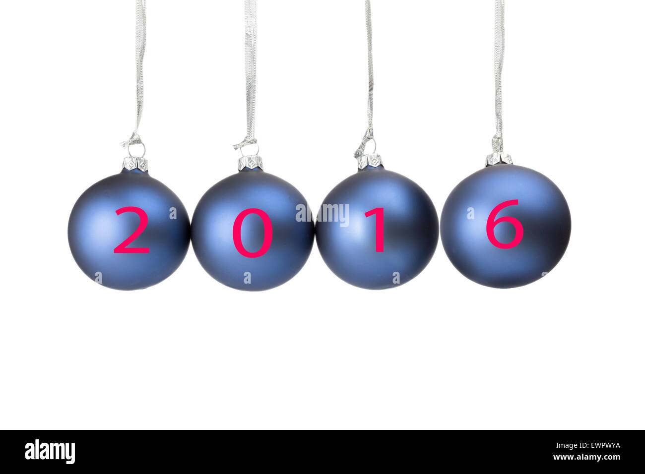 Four blue christmas balls or baubles symbolizing new year 2016 isolated on white background Stock Photo