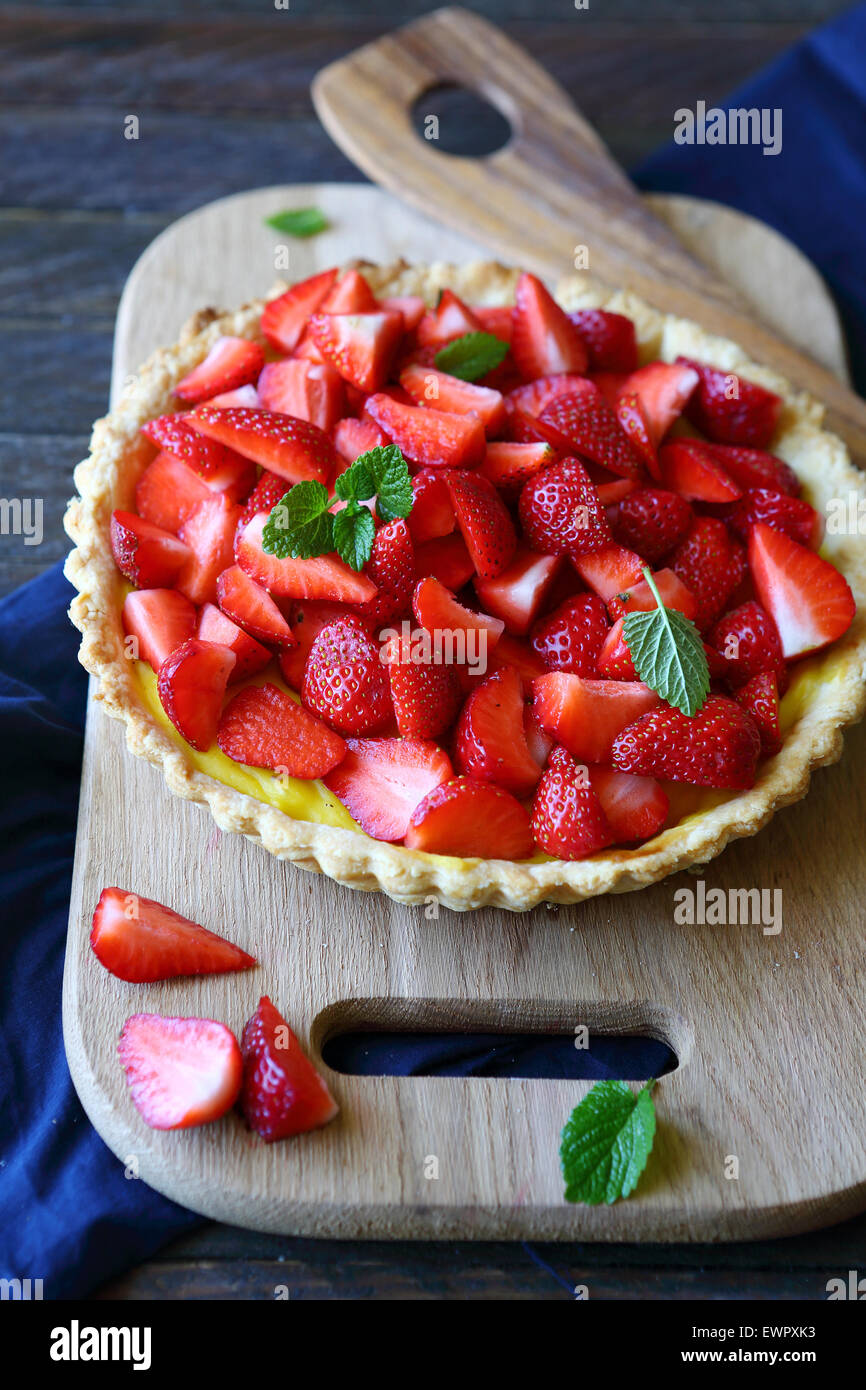 Tart with fresh strawberries, summer food Stock Photo
