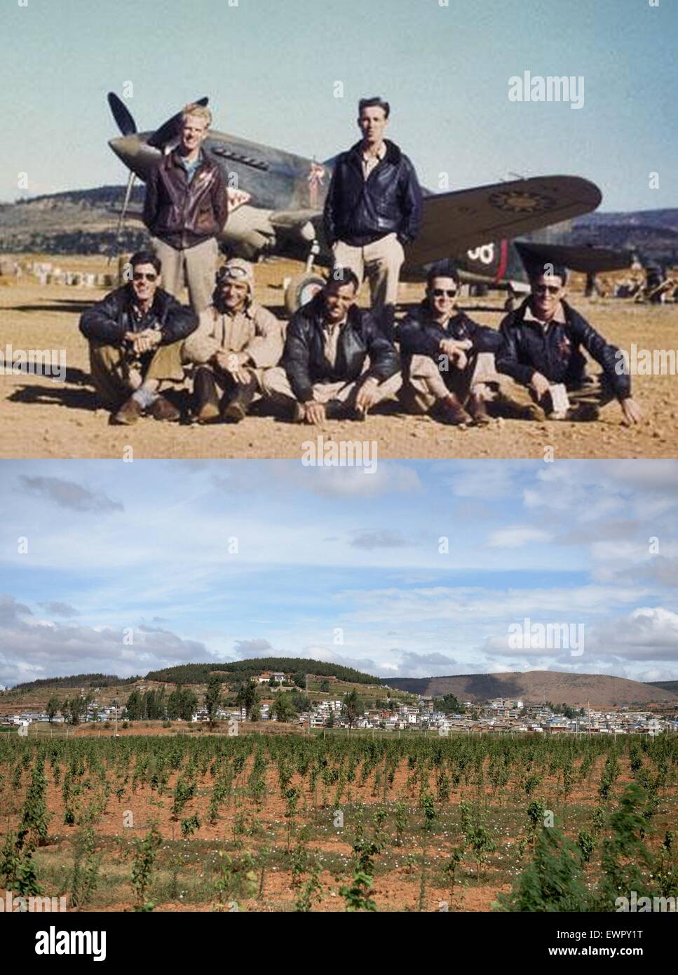 Xiangyun. 29th June, 2015. Combination photo taken during the anti-Japanese War (from 1937 to 1945) and June 29, 2015 (down) shows a contrast of view of 'Yunanyi Airport' where the American Volunteer Group (AVG) stationed during the wartime in Xiangyun County, southwest China's Yunnan Province. The 'Yunnanyi Airport' was used as an airbase by the AVG, which is popular known as the 'Flying Tigers', led by U.S. General Claire Lee Chennault to help the Chinese fight against Japanese air forces. © Liu Chan/Xinhua/Alamy Live News Stock Photo